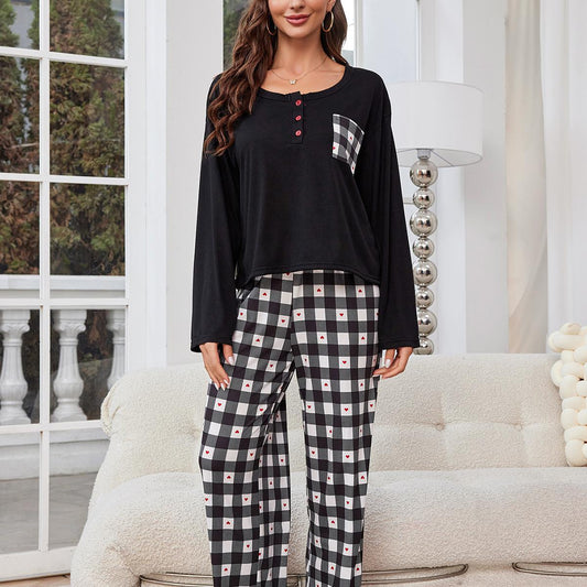 Long Sleeve Pajama Set With Plaid Pocket & Pants