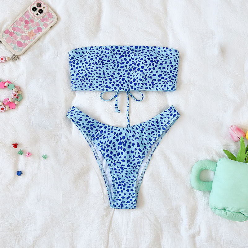 Printed Blue Tube Top & High Waisted Cheeky Bottoms