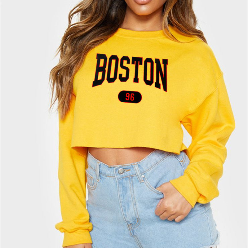 Boston Letter Printed Cropped Pullover