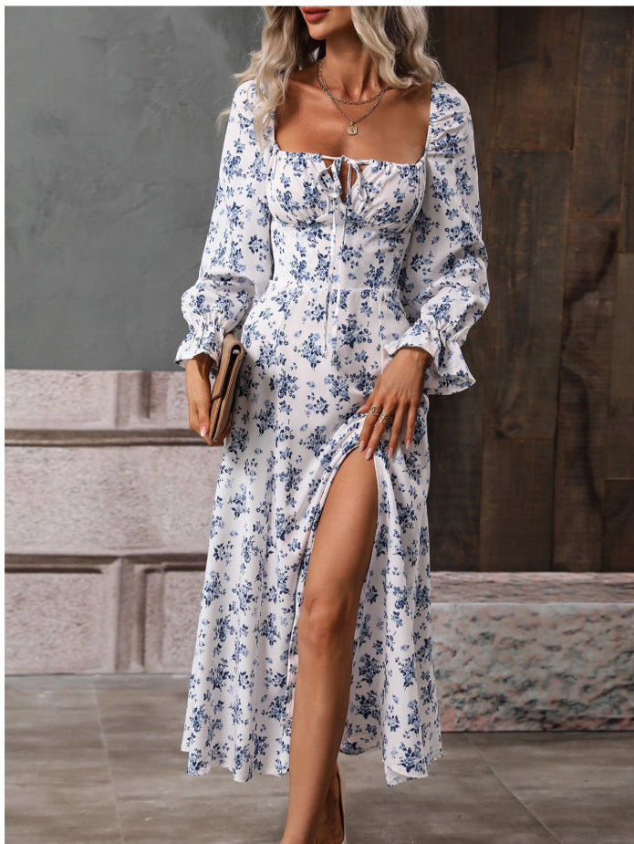 Long Sleeve Floral Printed Dress With Split