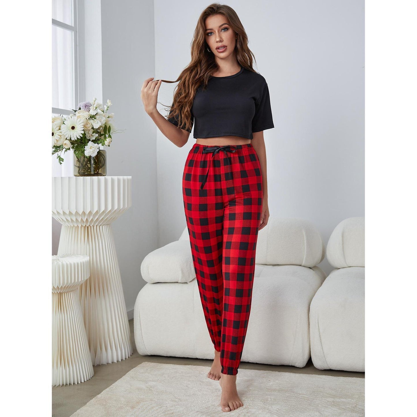 Classic Pajama Set With Tee & Plaid Pants