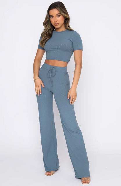 Casual Cropped Top & Long Comfy Pants With Drawstring