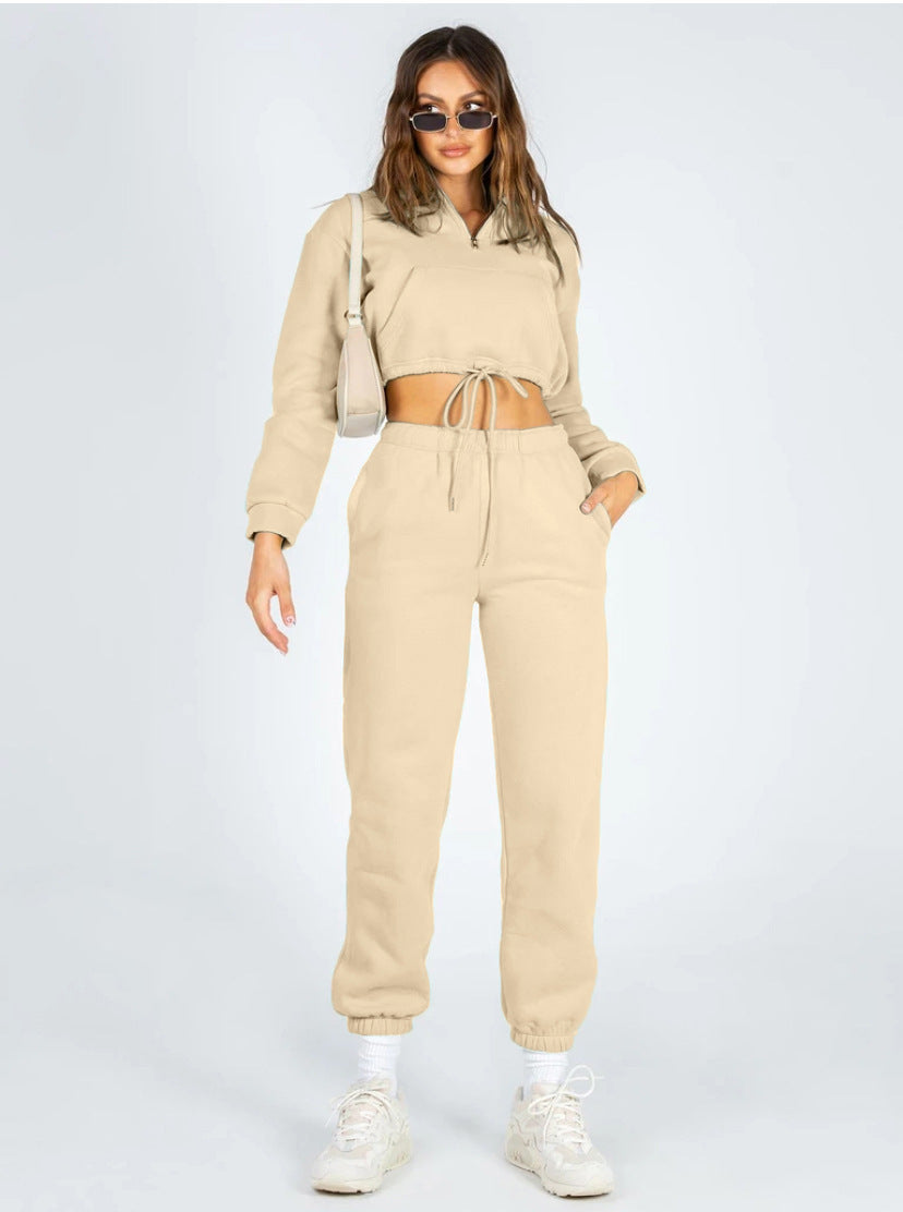 Cropped Hooded Half Zip Sweatshirt & Sweatpants Set