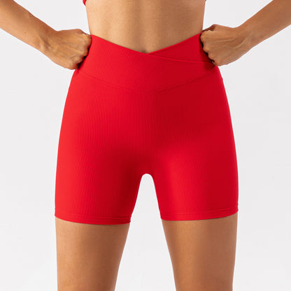 High Waisted Crossover Stretchy Mid Length Shorts