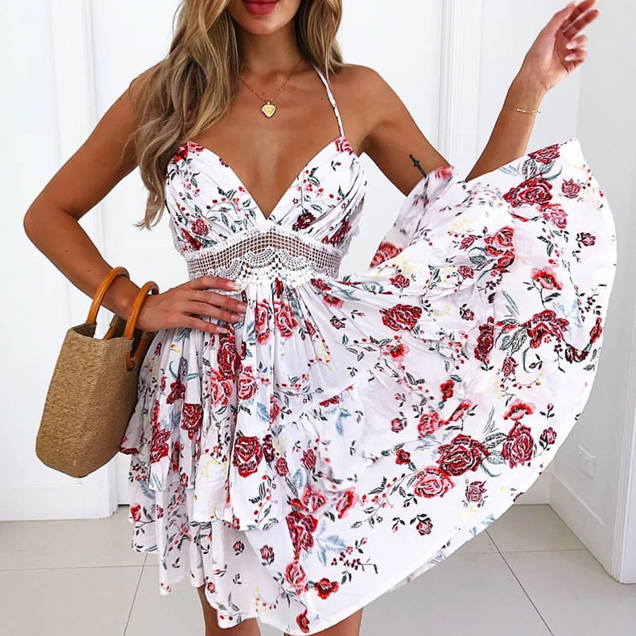 Elegant Floral Printed Dress With Lace Detailing