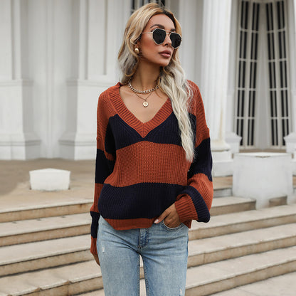 Loose V Neck Color Block Sweater