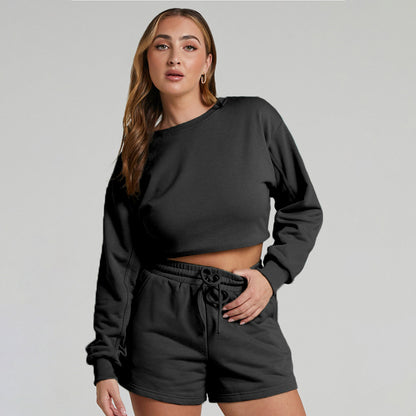 Long Sleeve Cropped Top & Shorts With Drawstring