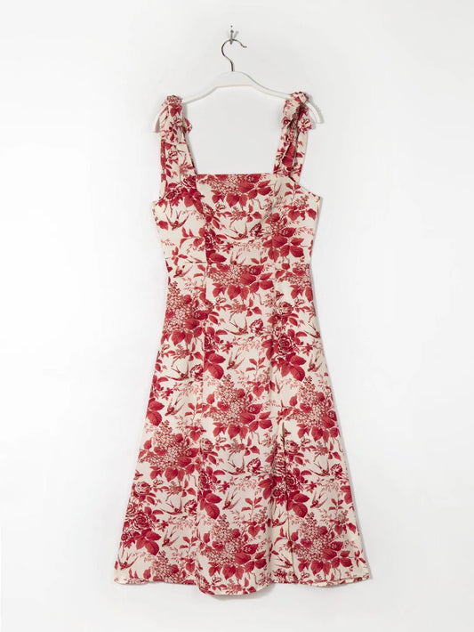 Red Printed Dress With Tie Straps & Zipper