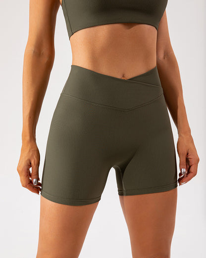 High Waisted Crossover Stretchy Mid Length Shorts