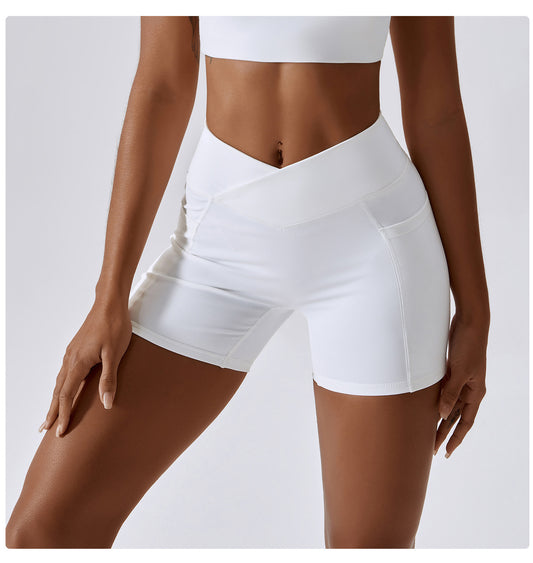 Crossover Workout Shorts With Ruched Back & Pockets