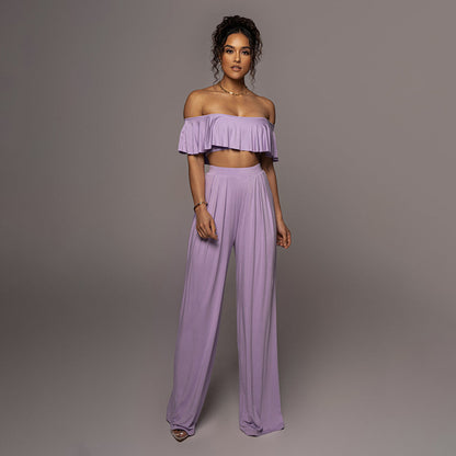 Casual Off Shoulder Crop Top & Long High Waisted Pants