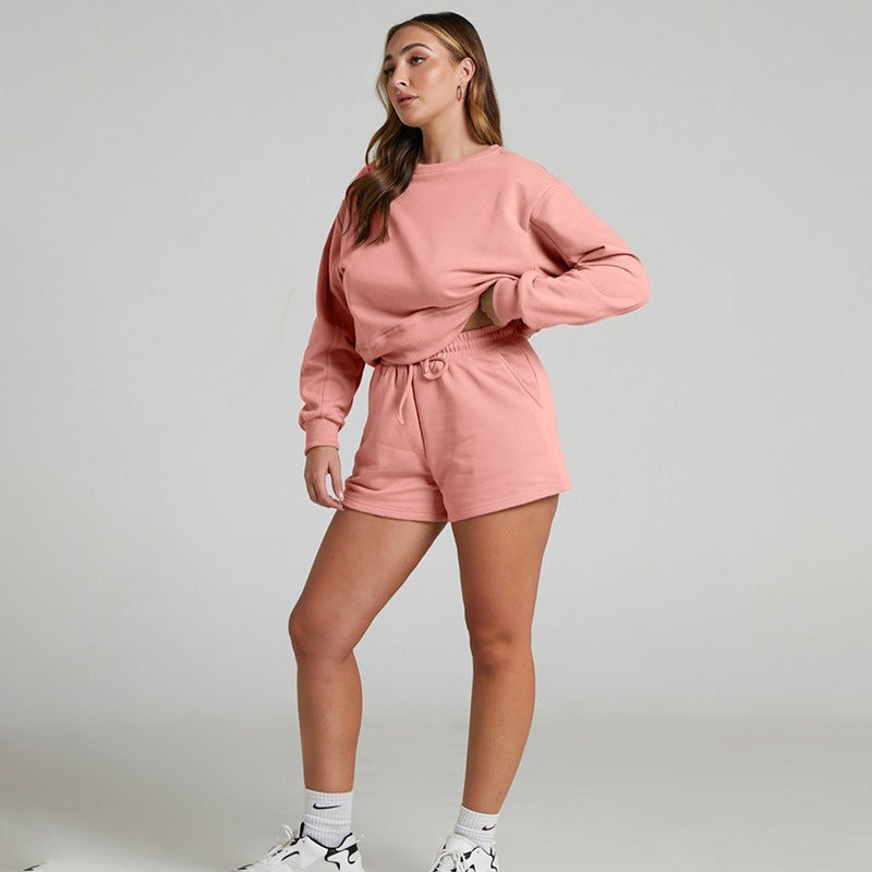 Long Sleeve Cropped Top & Shorts With Drawstring