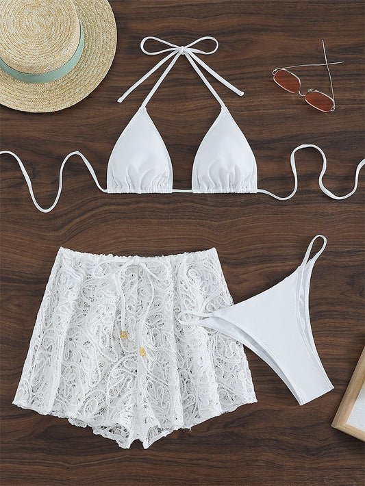 White Three Piece Bikini Set With Cover Up Shorts