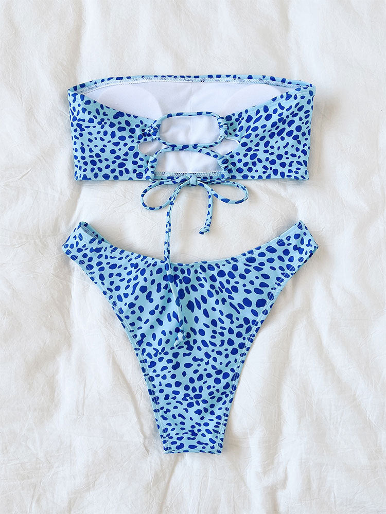 Printed Blue Tube Top & High Waisted Cheeky Bottoms