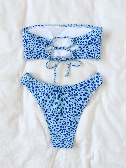 Printed Blue Tube Top & High Waisted Cheeky Bottoms