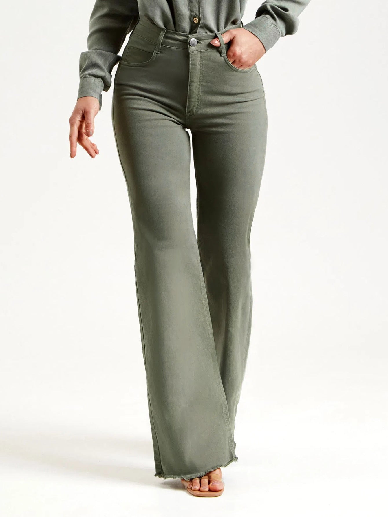 Olive Green Slim Fit Stretchy Flared Jeans