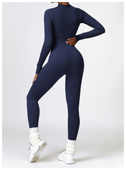 Ribbed Long Sleeve Slim Fit Jumpsuit With Zipper