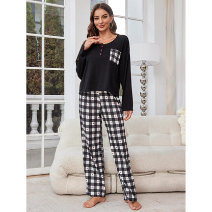 Long Sleeve Pajama Set With Plaid Pocket & Pants