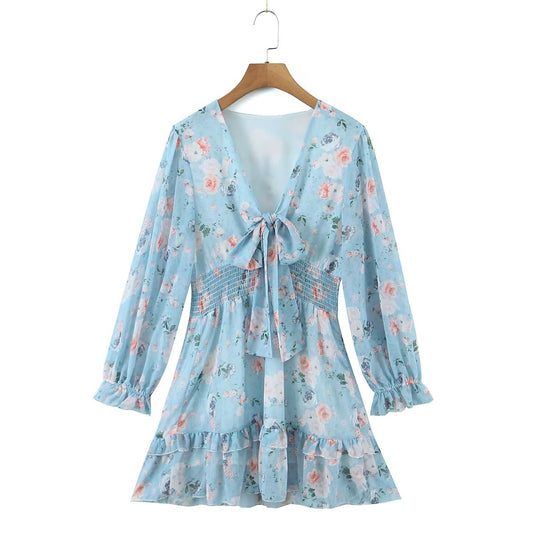 Long Sleeve Ruffled Floral Print Dress With Front Tie