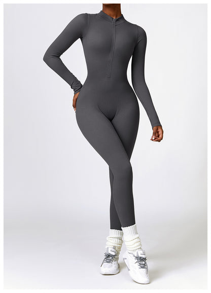 Ribbed Long Sleeve Slim Fit Jumpsuit With Zipper