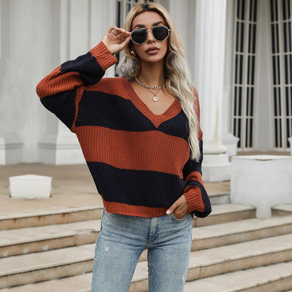 Loose V Neck Color Block Sweater