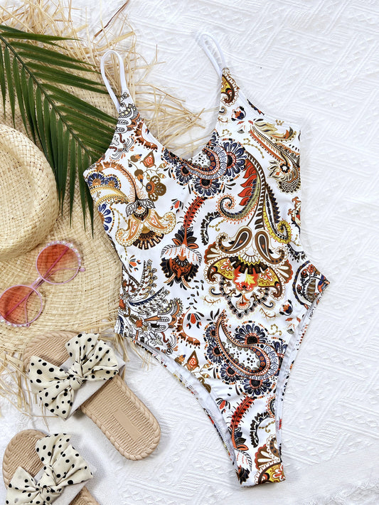 Printed One Piece V Neck Swimsuit With Back Tie