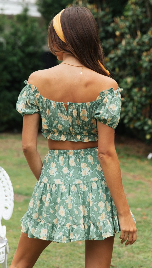 Floral Printed Off Shoulder Cropped Top With High Waisted Skirt