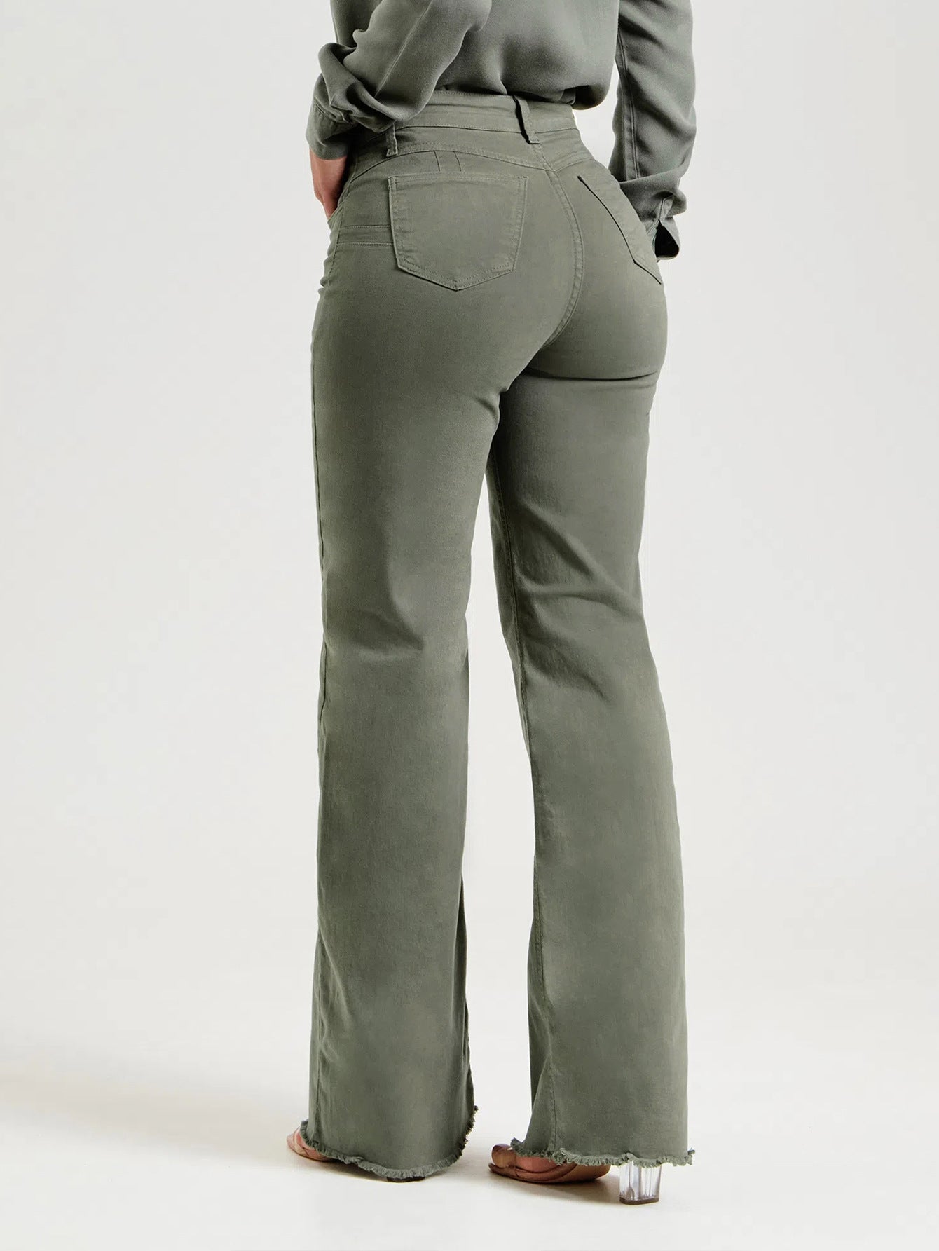 Olive Green Slim Fit Stretchy Flared Jeans