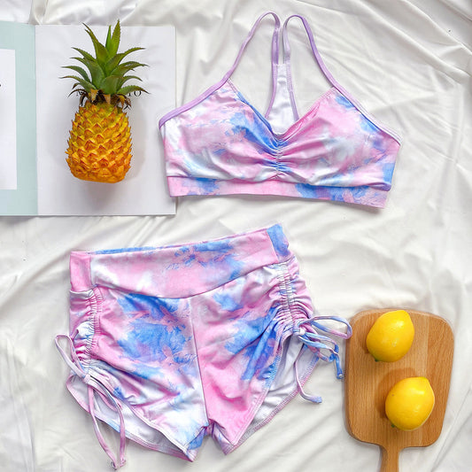 Tie Dye Full Coverage Bikini Set With High Waisted Drawstring Shorts