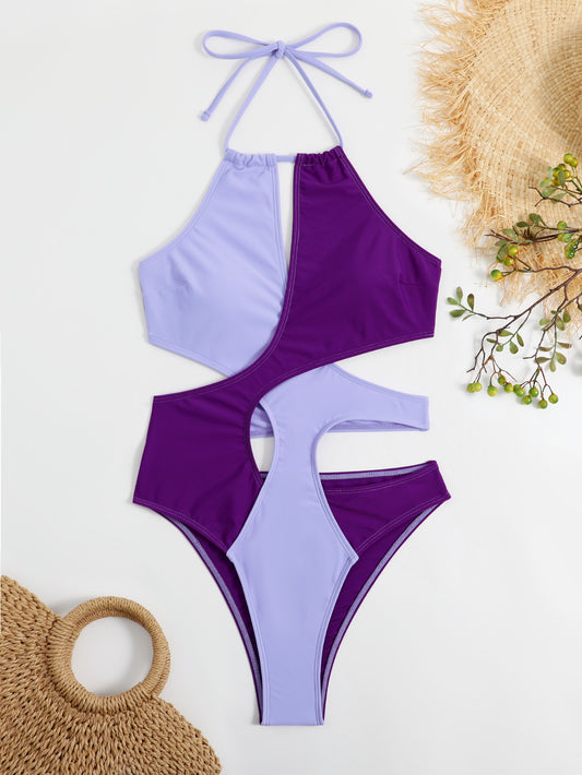 Purple One Piece Bathing Suit With Cutout Detailing