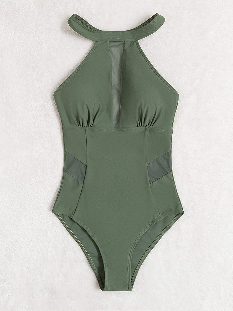 Green One Piece Swimsuit With Mesh Detailing