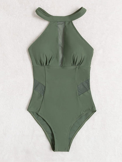 Green One Piece Swimsuit With Mesh Detailing