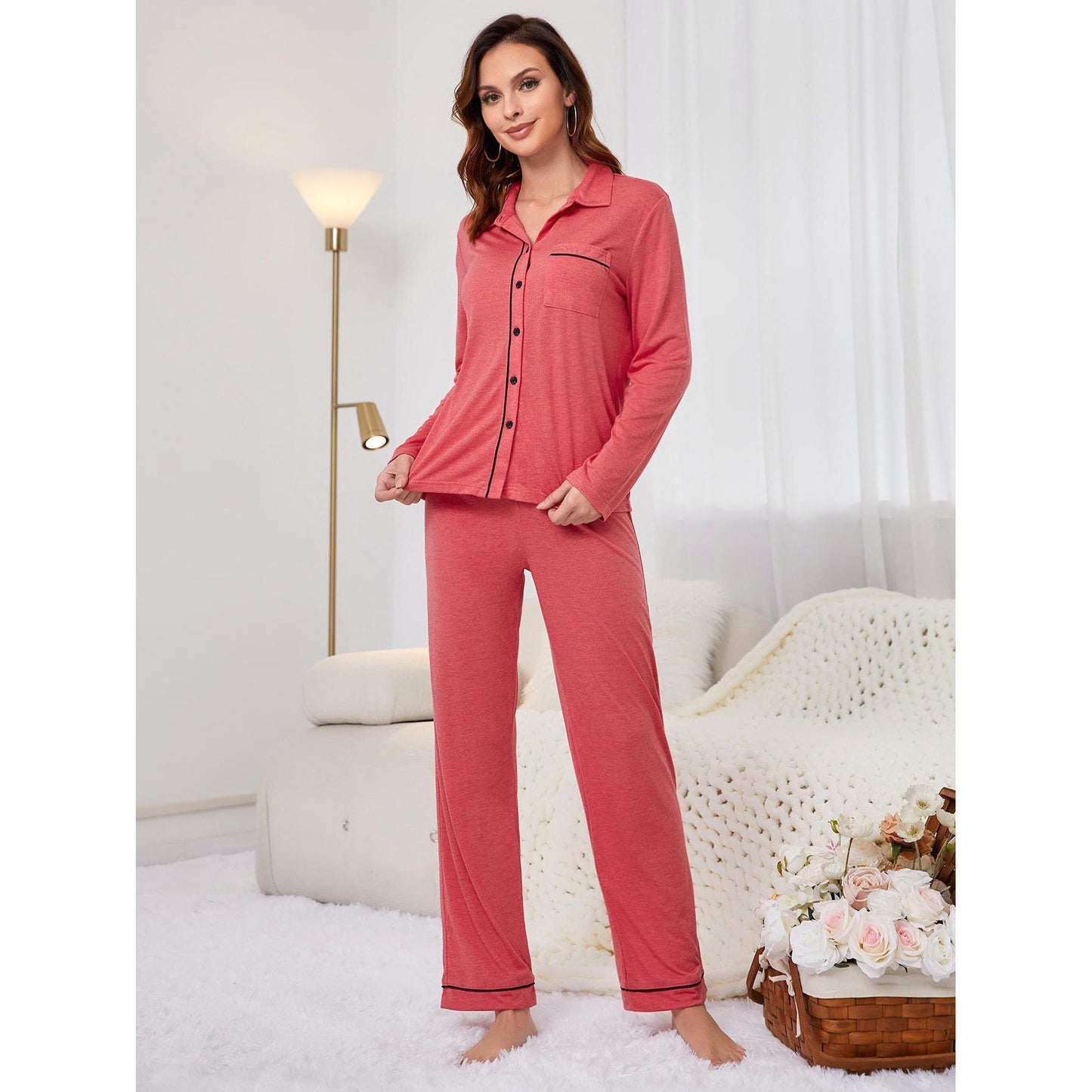 Casual Pajama Set With Button Up Top