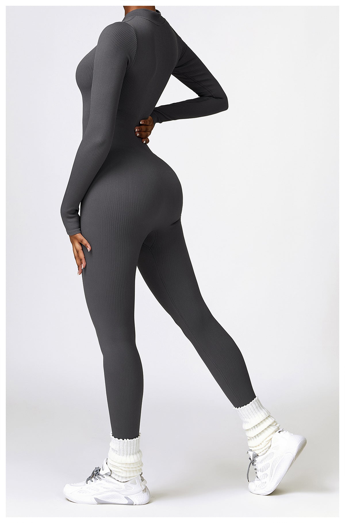 Ribbed Long Sleeve Slim Fit Jumpsuit With Zipper