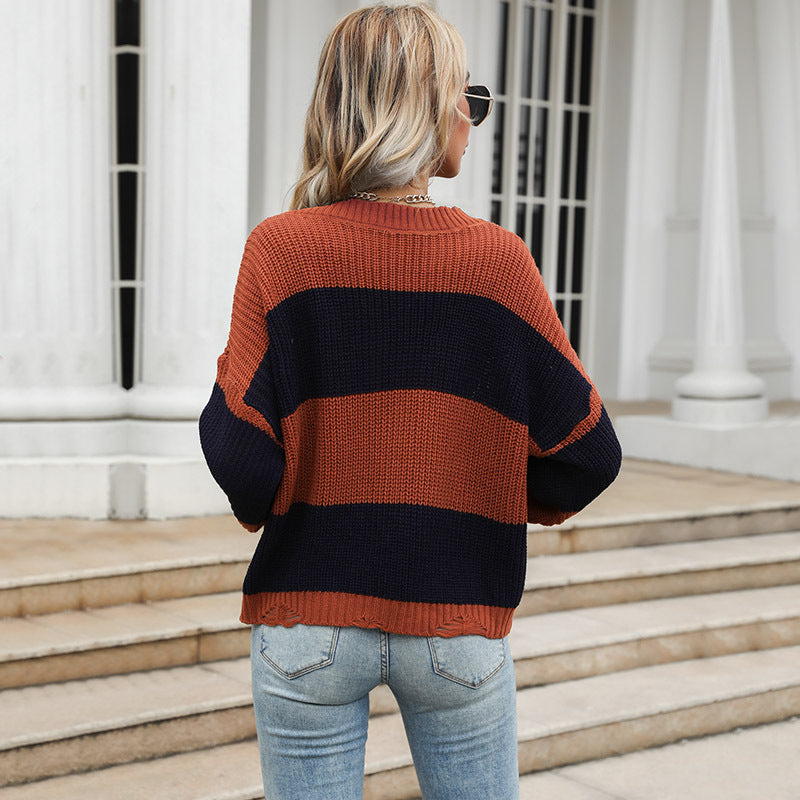 Loose V Neck Color Block Sweater