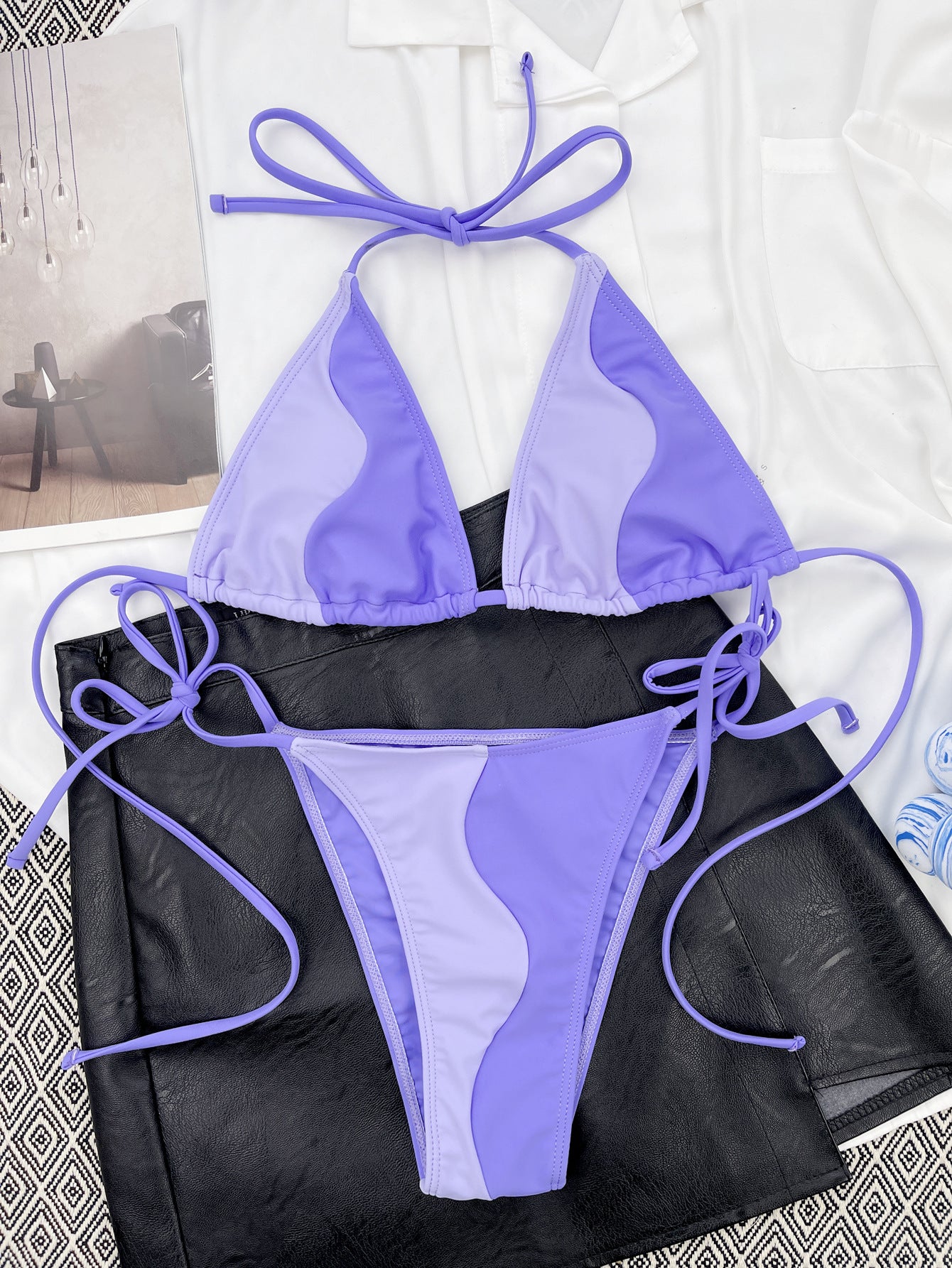 Purple Triangle Drawstring Halter Bikini Set