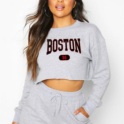 Boston Letter Printed Cropped Pullover