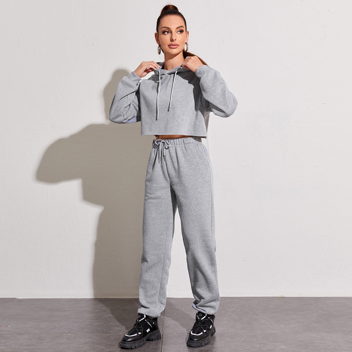 Fleece Lined Cropped Hoodie & Drawstring Sweatpants