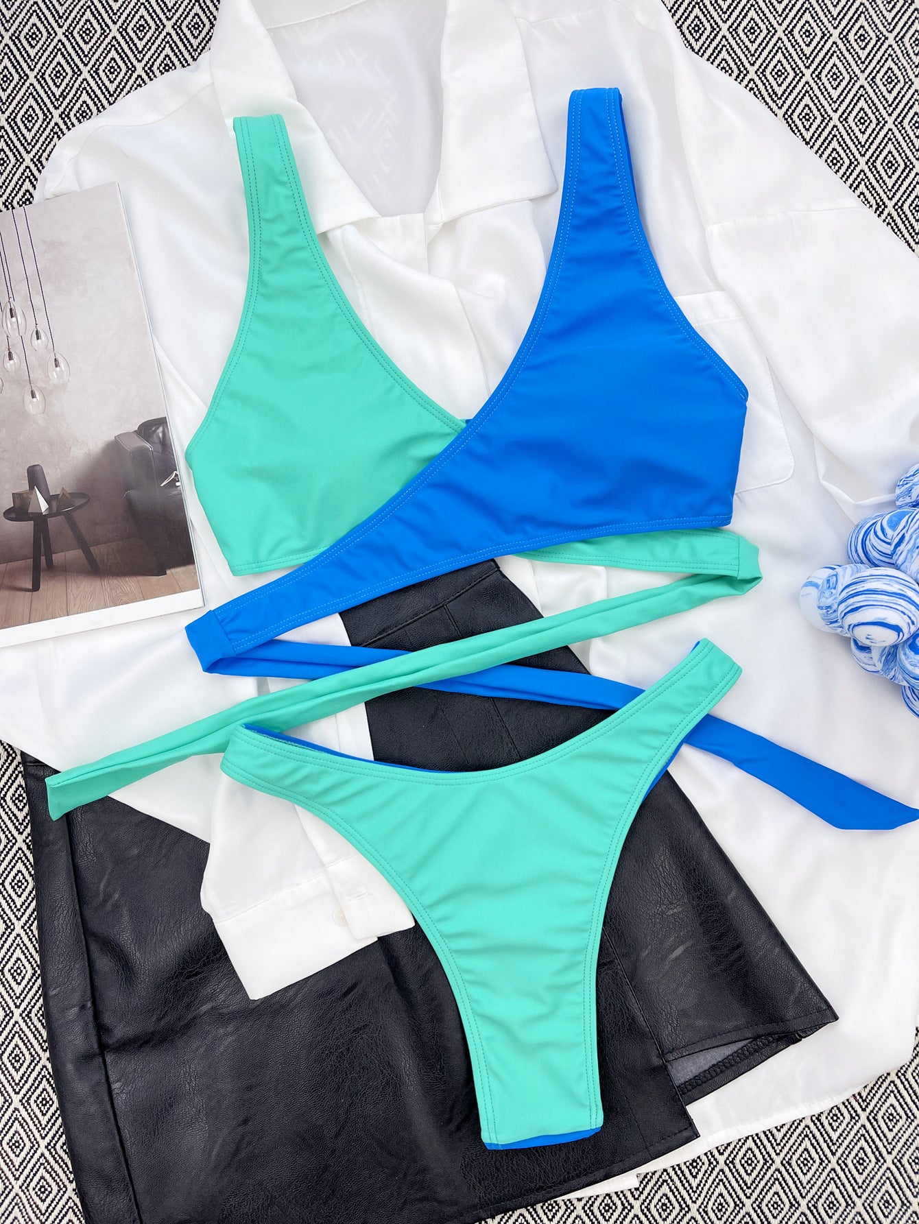 Multi Color Bikini Set With Wrap Around Tie & Cheeky Bottoms