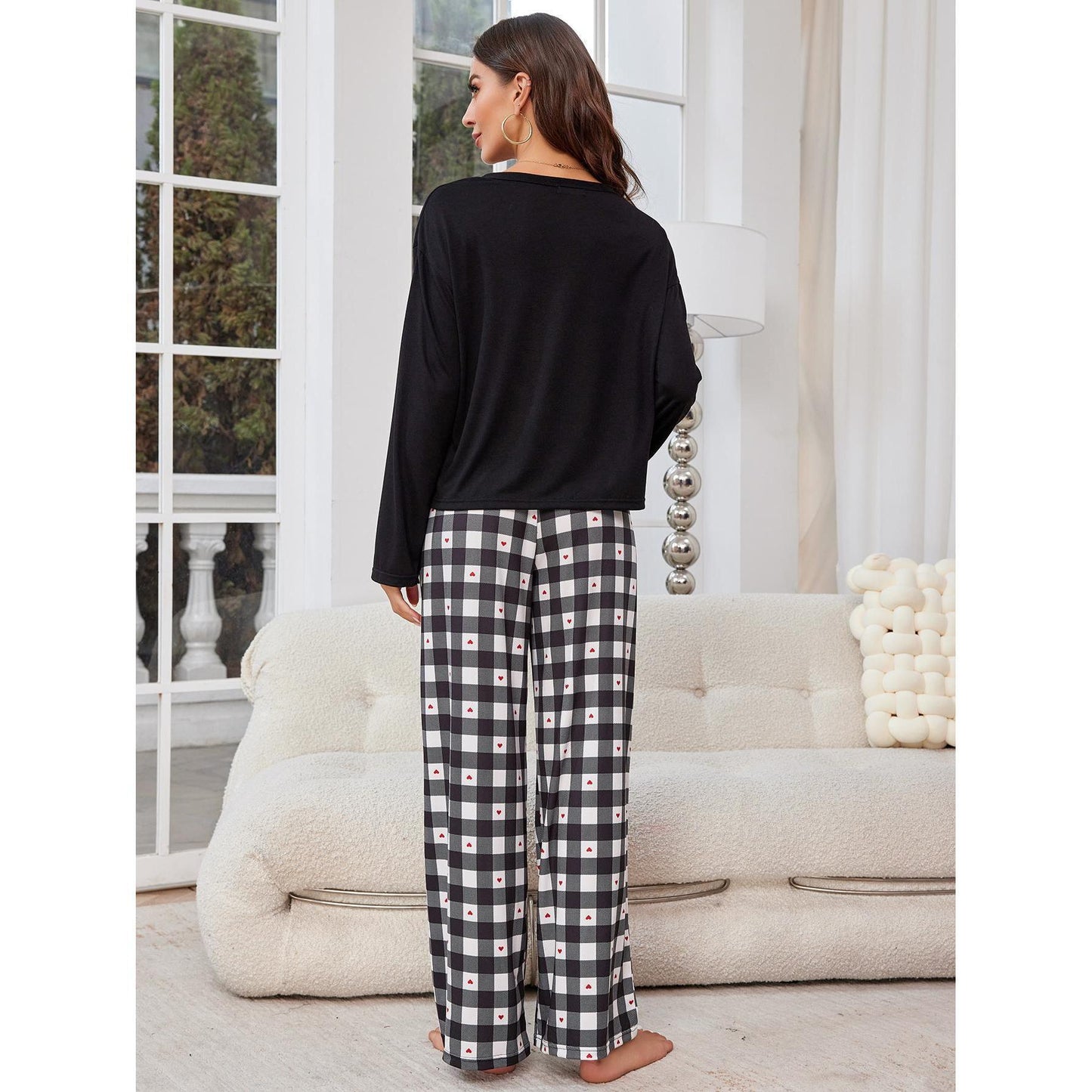 Long Sleeve Pajama Set With Plaid Pocket & Pants