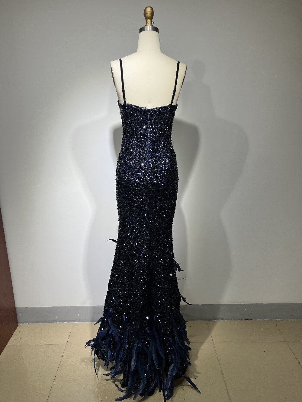 Long Bodycon Sequin Dress With Feather Detailing