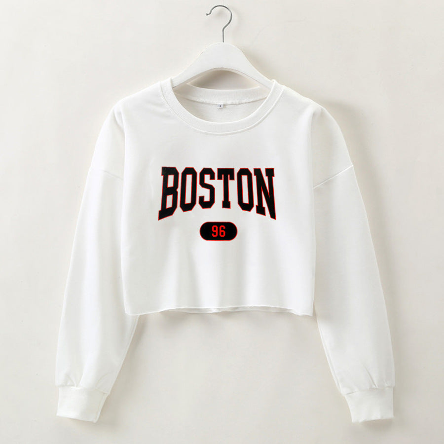 Boston Letter Printed Cropped Pullover