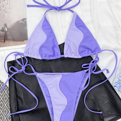 Purple Triangle Drawstring Halter Bikini Set