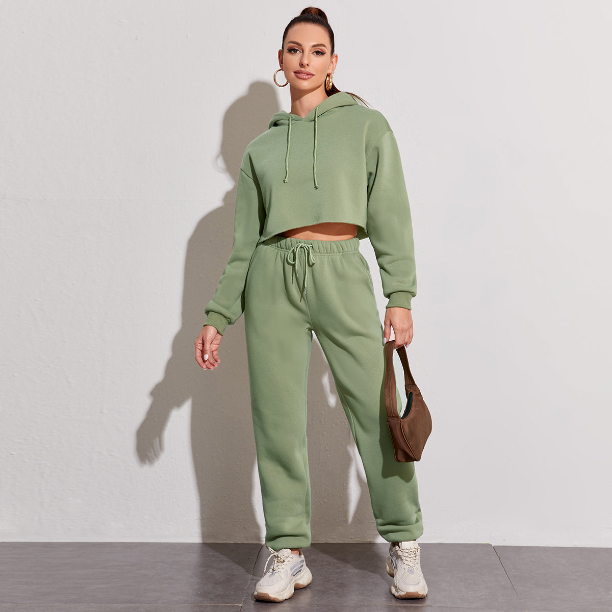 Fleece Lined Cropped Hoodie & Drawstring Sweatpants