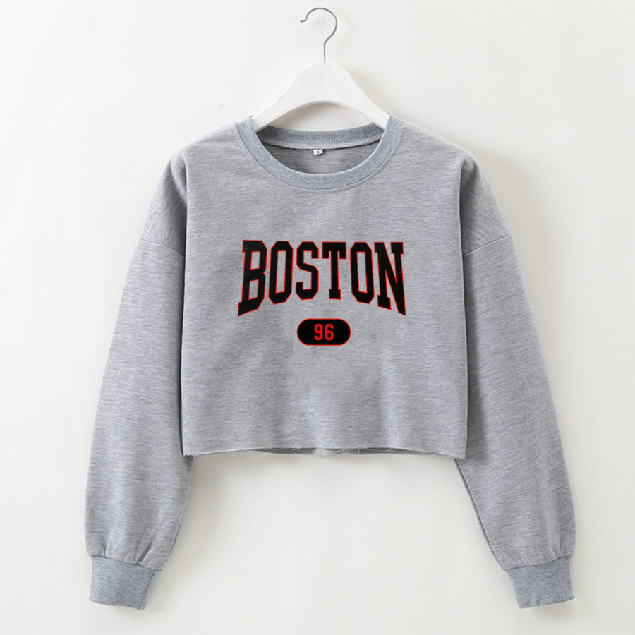 Boston Letter Printed Cropped Pullover