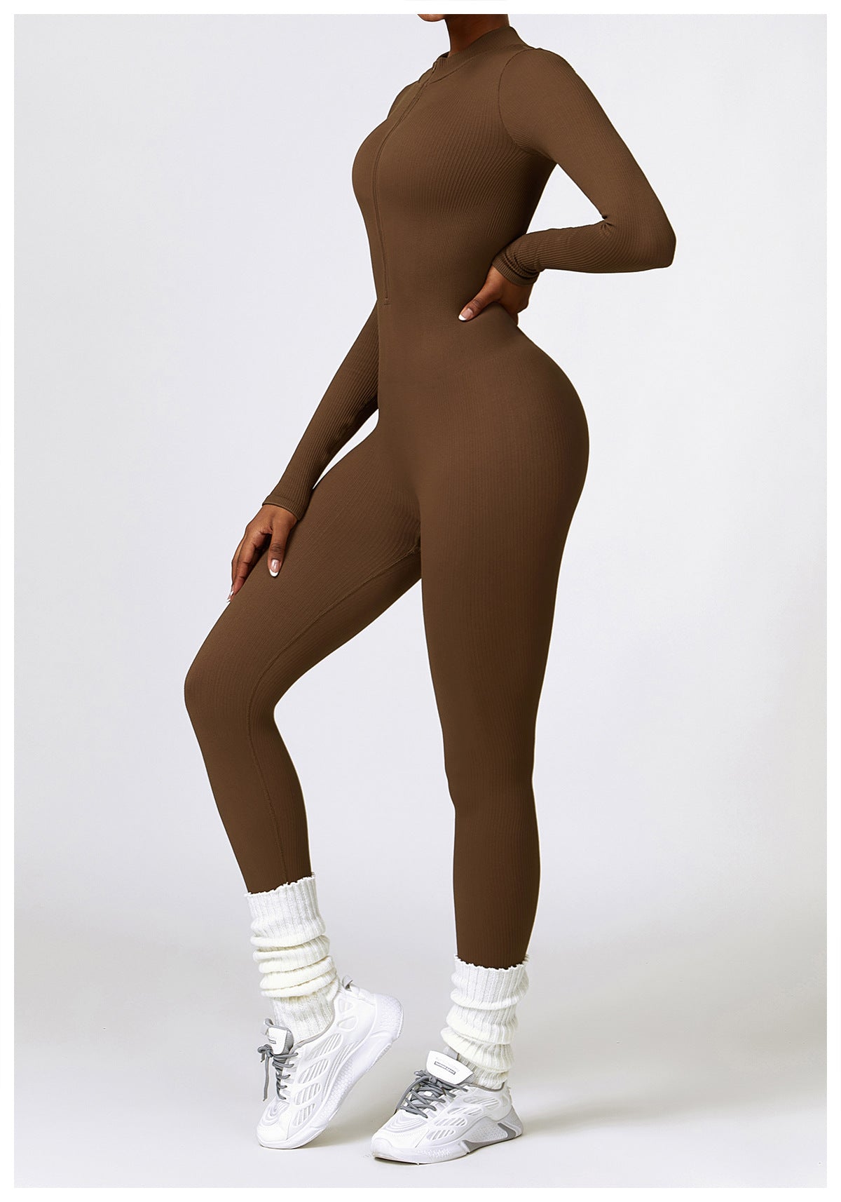 Ribbed Long Sleeve Slim Fit Jumpsuit With Zipper