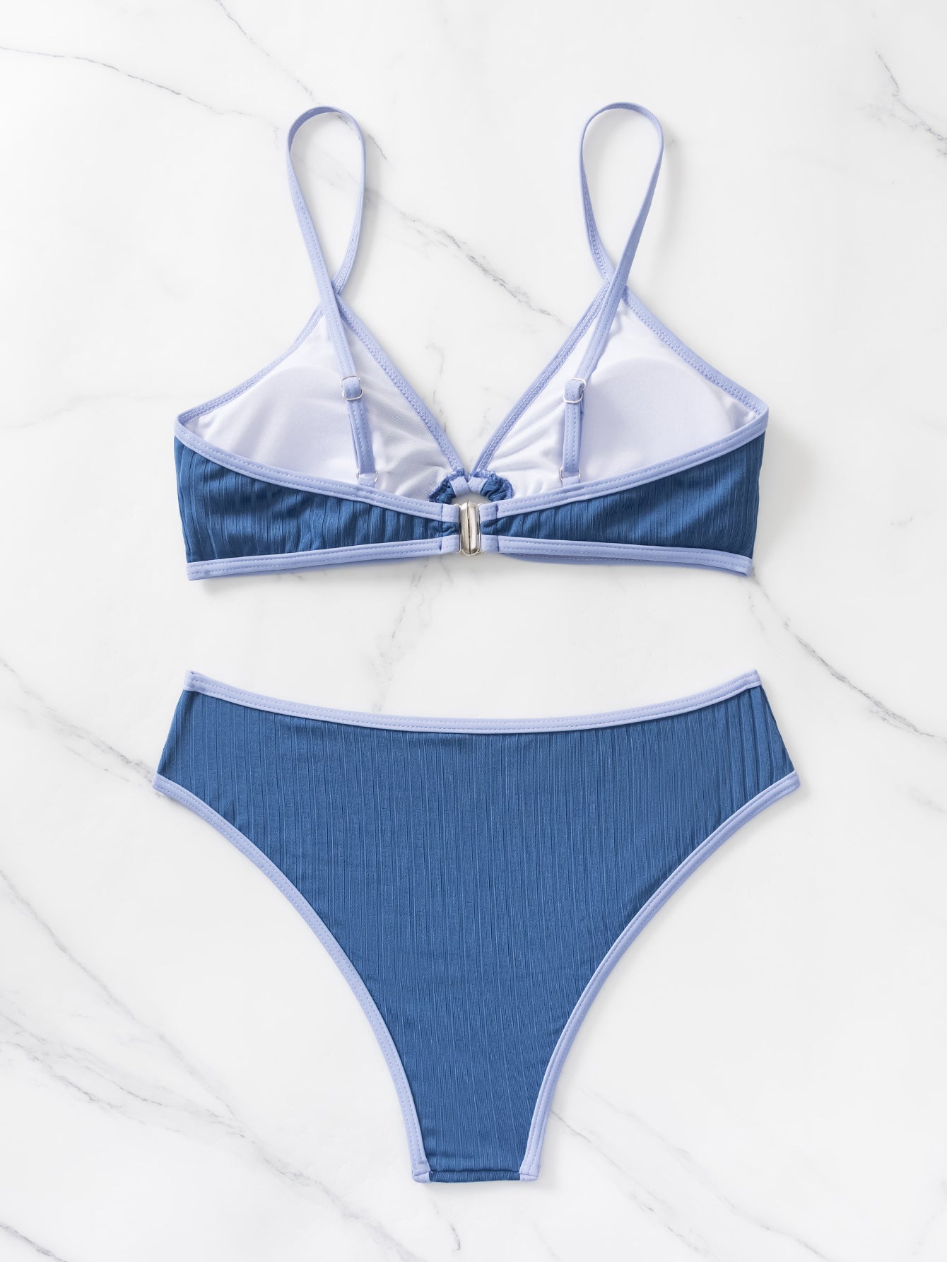 Blue Ribbed Bikini Set With Ring