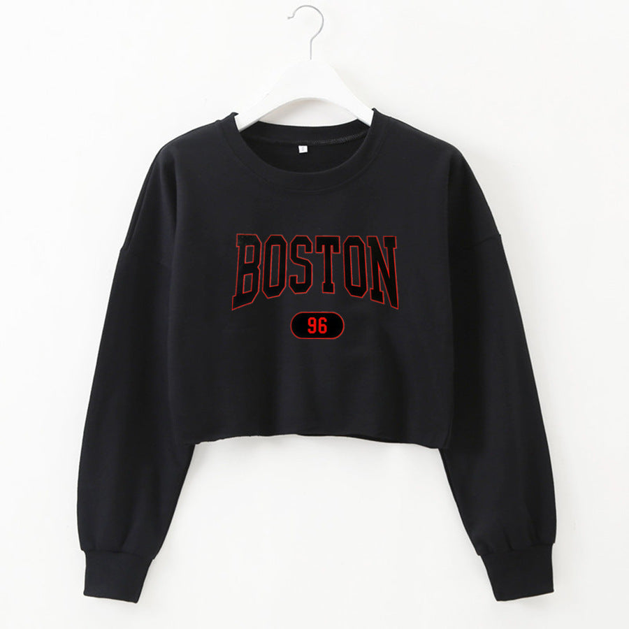 Boston Letter Printed Cropped Pullover