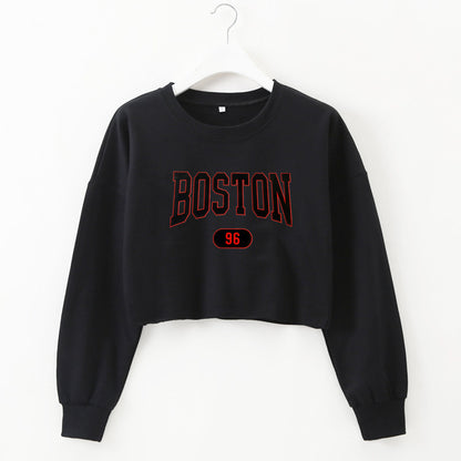 Boston Letter Printed Cropped Pullover