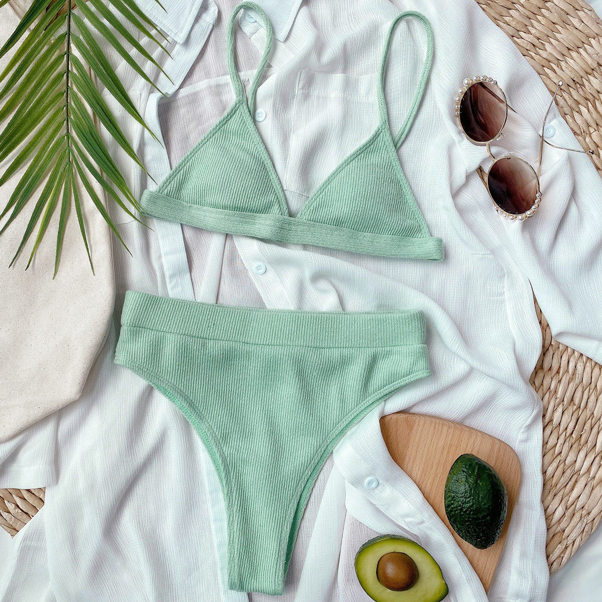 Ribbed Triangle Top & High Waisted Bottoms Bikini